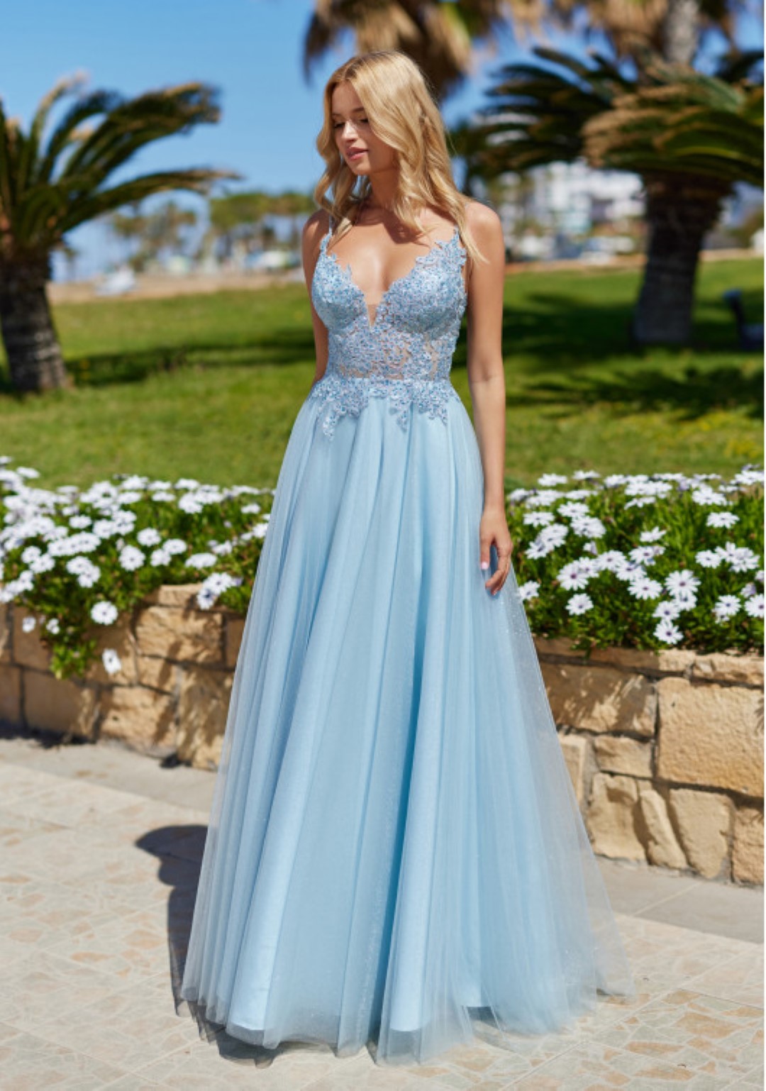 La Femme Long Aqua Lace Mermaid Prom Dress - PromGirl